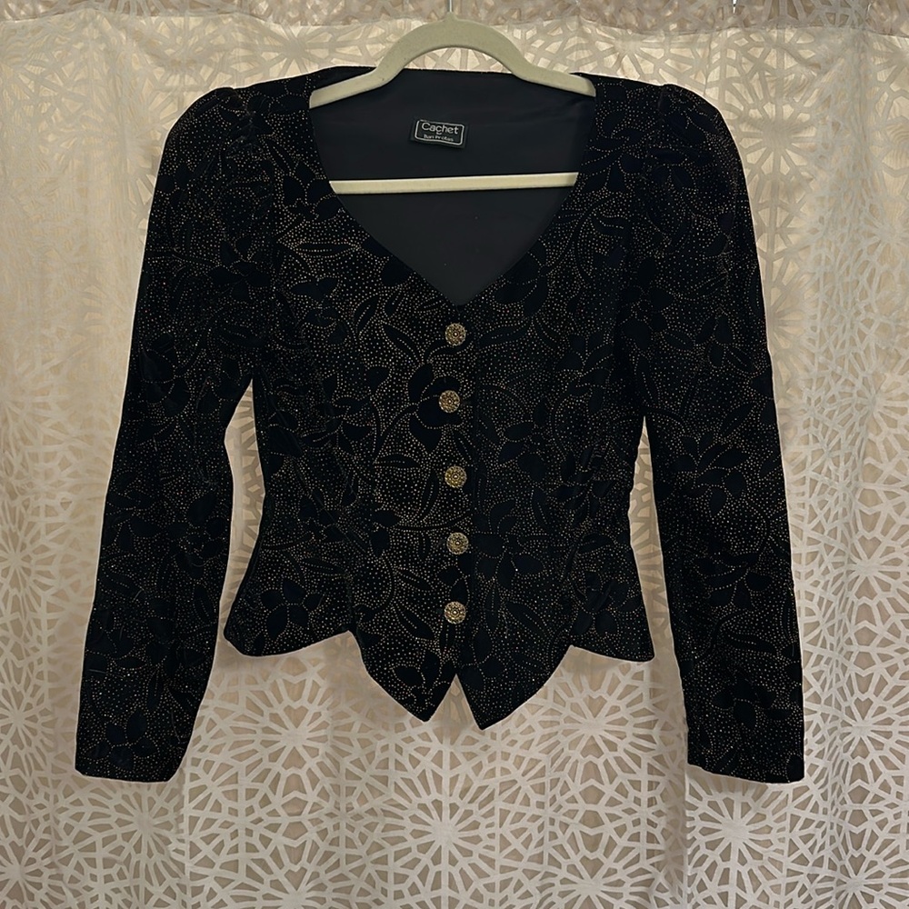 🖤 Vintage Cachet Black Velvet Sparkle Blazer Statement Evening Jacket